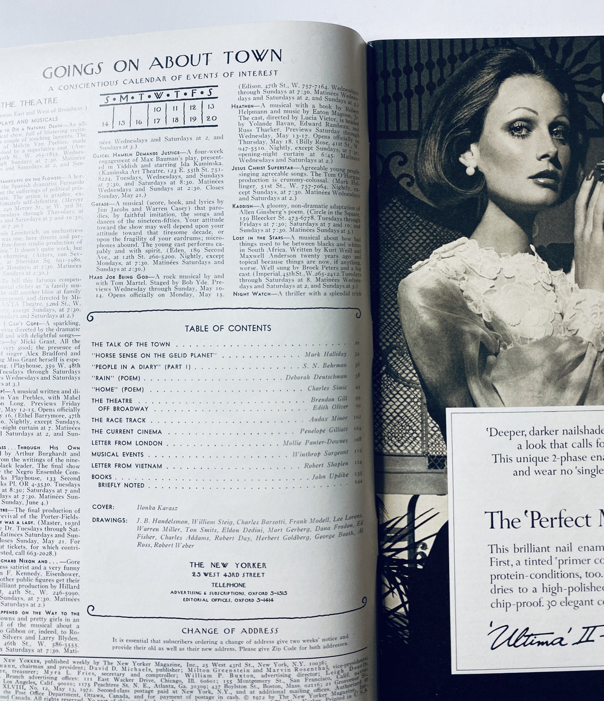 The New Yorker Magazine May 13, 1972 featuring a calendar of events and a fashion model in a white dress, in very good condition with light edge wear.