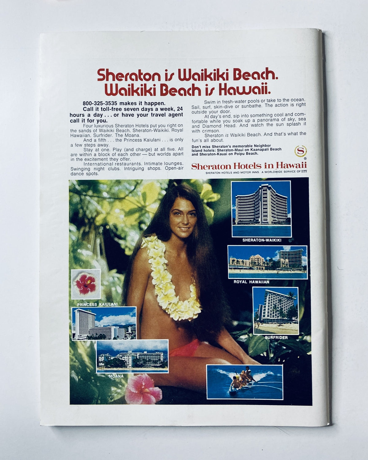 The New Yorker Magazine May 13, 1972 advertisement for Sheraton Hotels in Hawaii showcasing a woman in a tropical setting, highlighting Waikiki Beach.