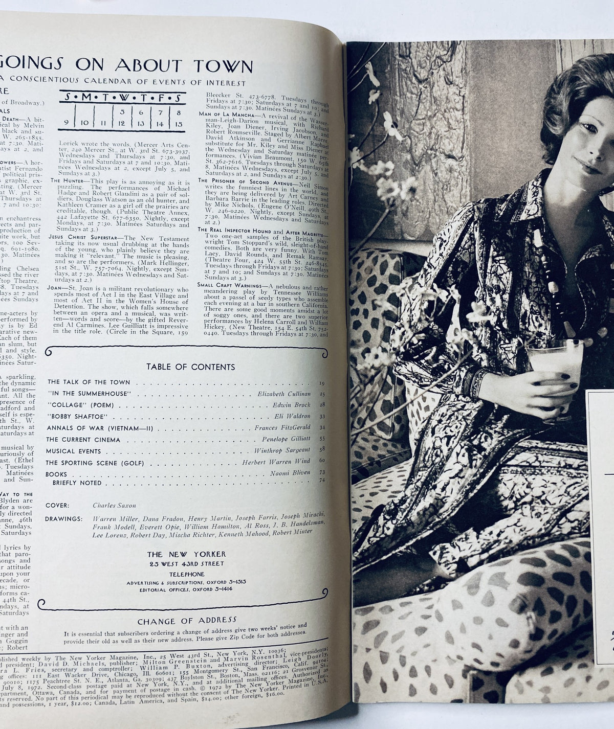 Inside page of The New Yorker Magazine July 8, 1972 displaying the Table of Contents and a woman in a stylish outfit enjoying a drink, offering a glimpse into the editorial content of the issue.