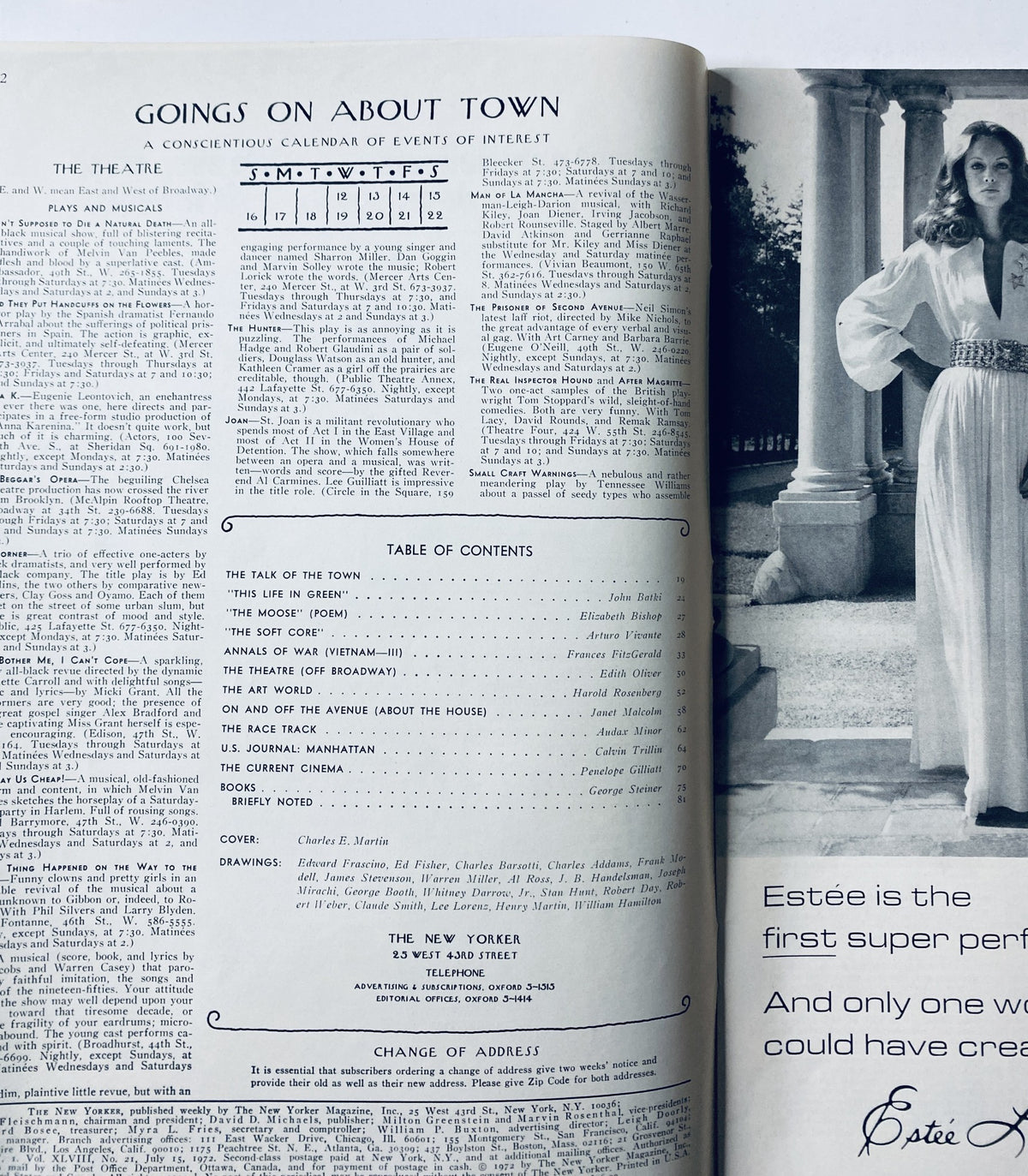 Interior page of The New Yorker Magazine July 15, 1972 displaying the table of contents including various articles and illustrations.