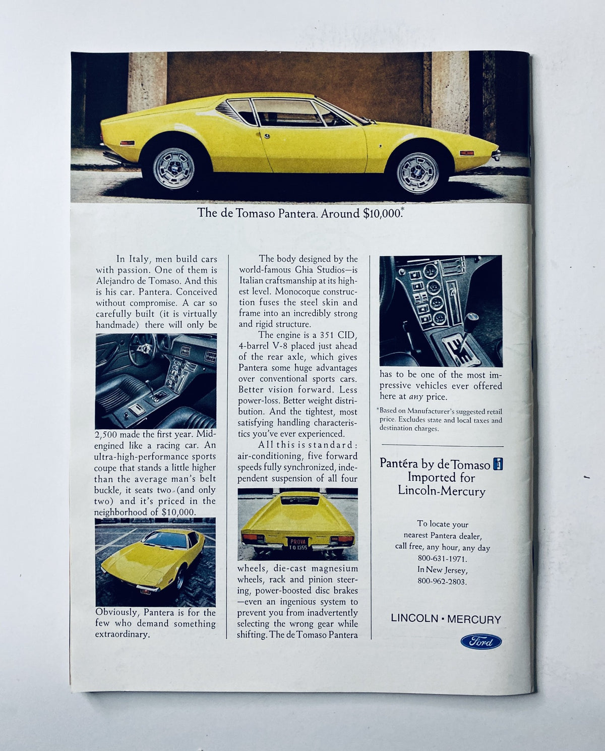Advertisement page from The New Yorker Magazine July 15, 1972 showcasing the de Tomaso Pantera sports car with details about its features and price.