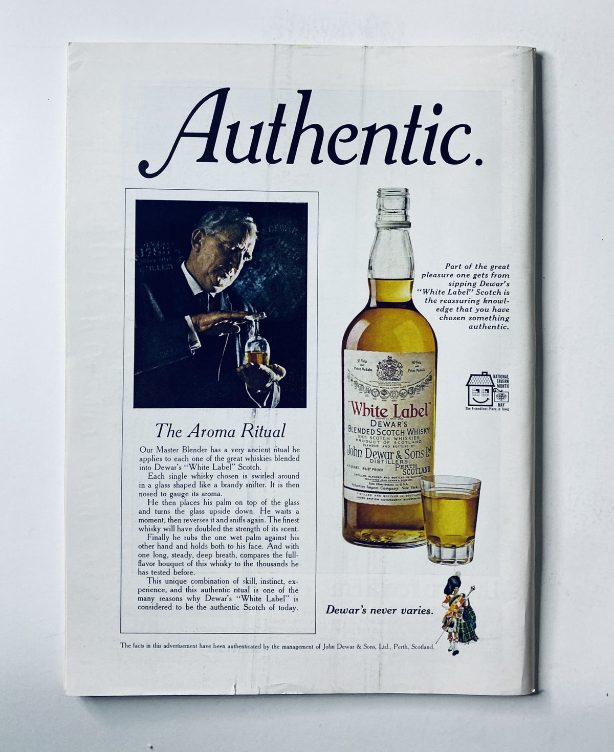 The New Yorker Magazine May 27, 1972, with an advertisement for Dewar's White Label whiskey, promoting 'The Aroma Ritual.' The ad shows a bartender pouring whiskey into a glass, emphasizing authenticity.