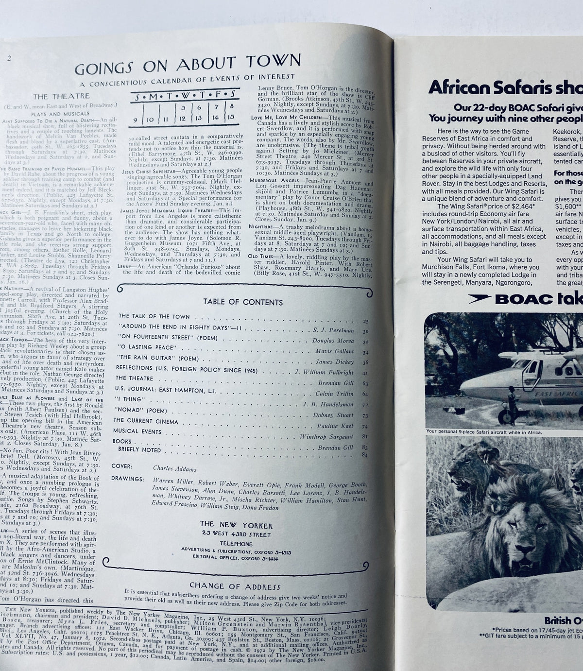 Inside page from The New Yorker Magazine January 8, 1972, showcasing the Table of Contents and calendar of events.