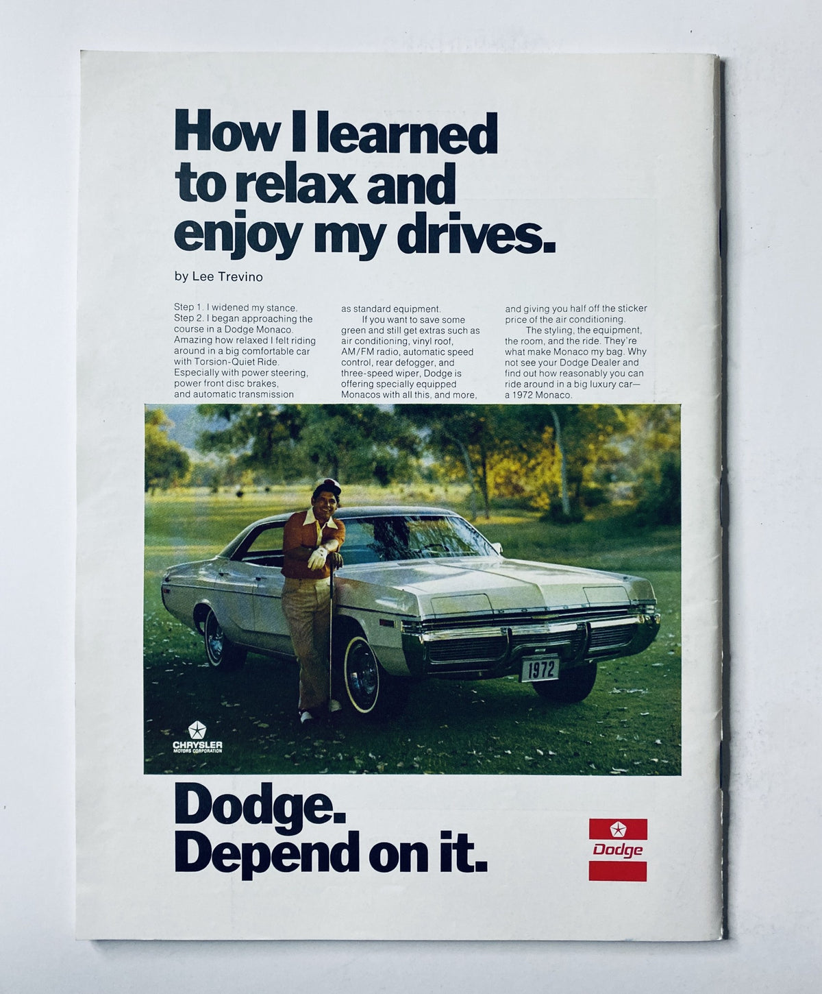 Advertisement from The New Yorker Magazine January 8, 1972, promoting Dodge vehicles with an image of a man and a 1972 Dodge car.