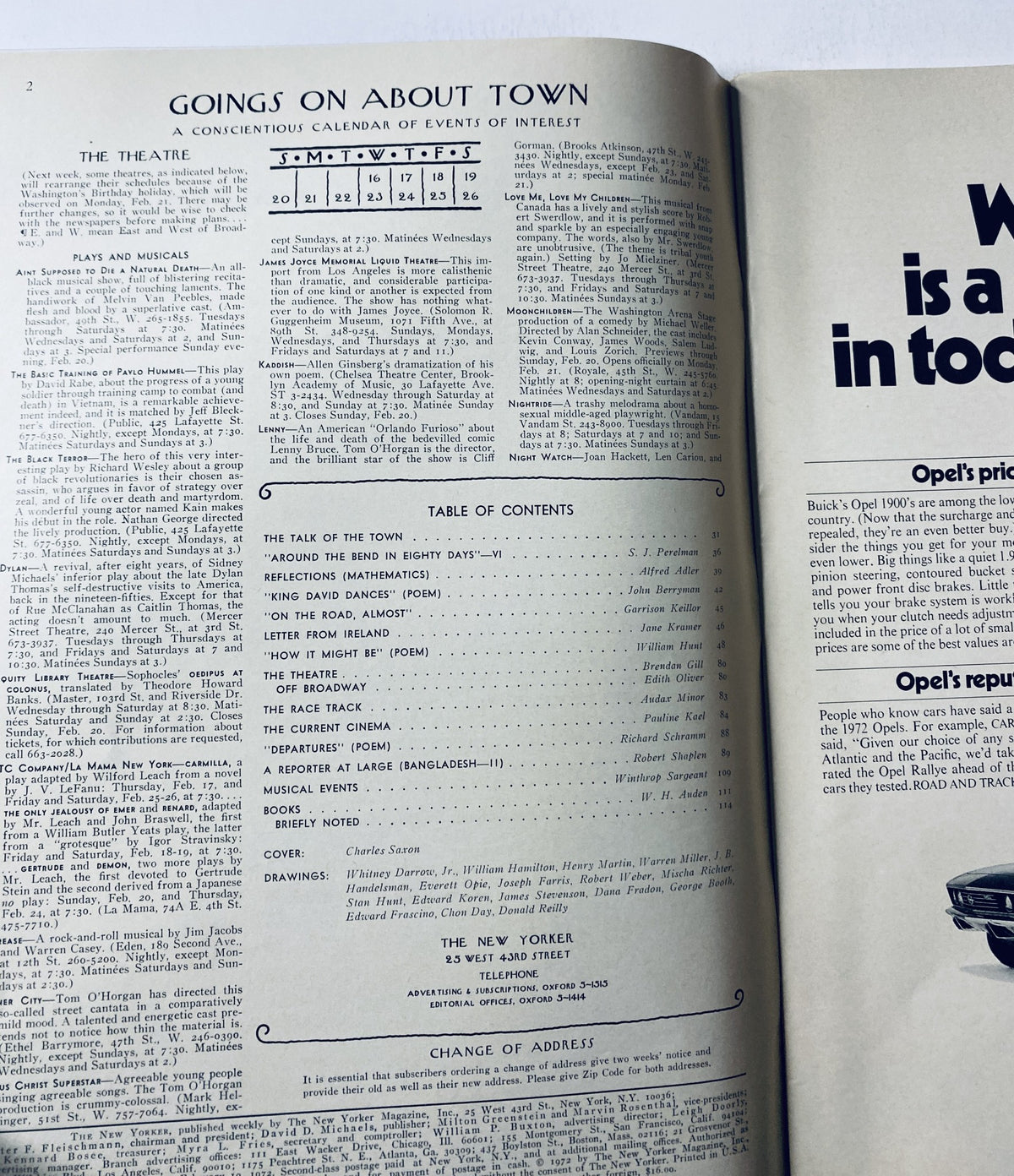 Inside page of The New Yorker Magazine February 19, 1972 with 'Goings On About Town' and the Table of Contents, presenting events of interest.