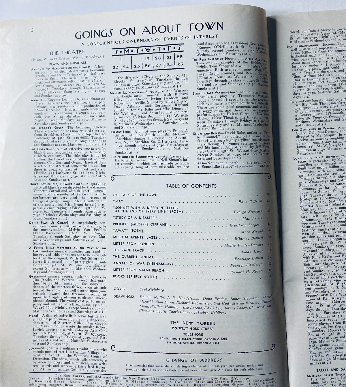 Internal page of The New Yorker Magazine July 22, 1972 showing the Table of Contents and events calendar titled 'Goings On About Town'.