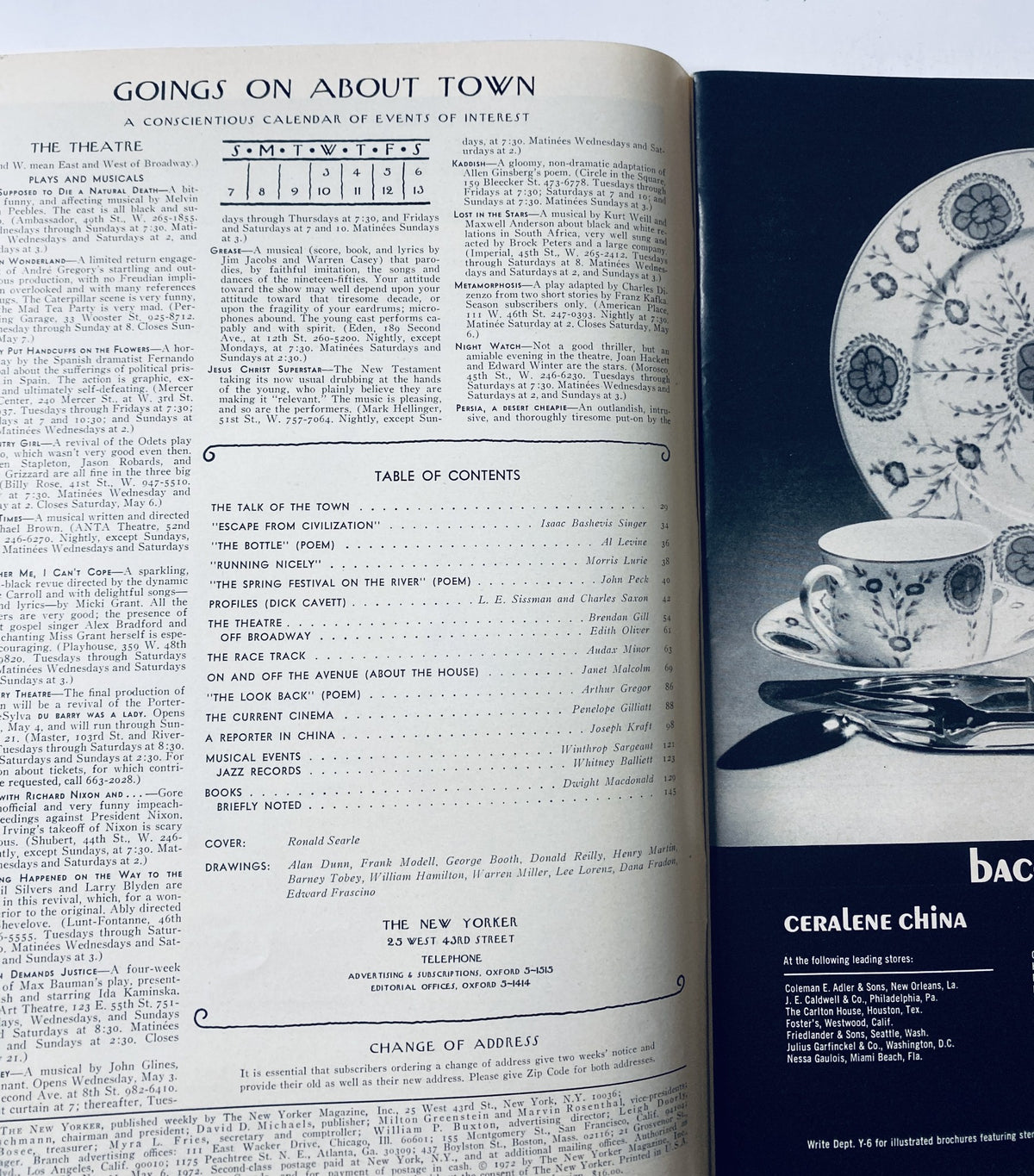 Interior page from The New Yorker Magazine May 6, 1972 displaying the table of contents and events calendar.