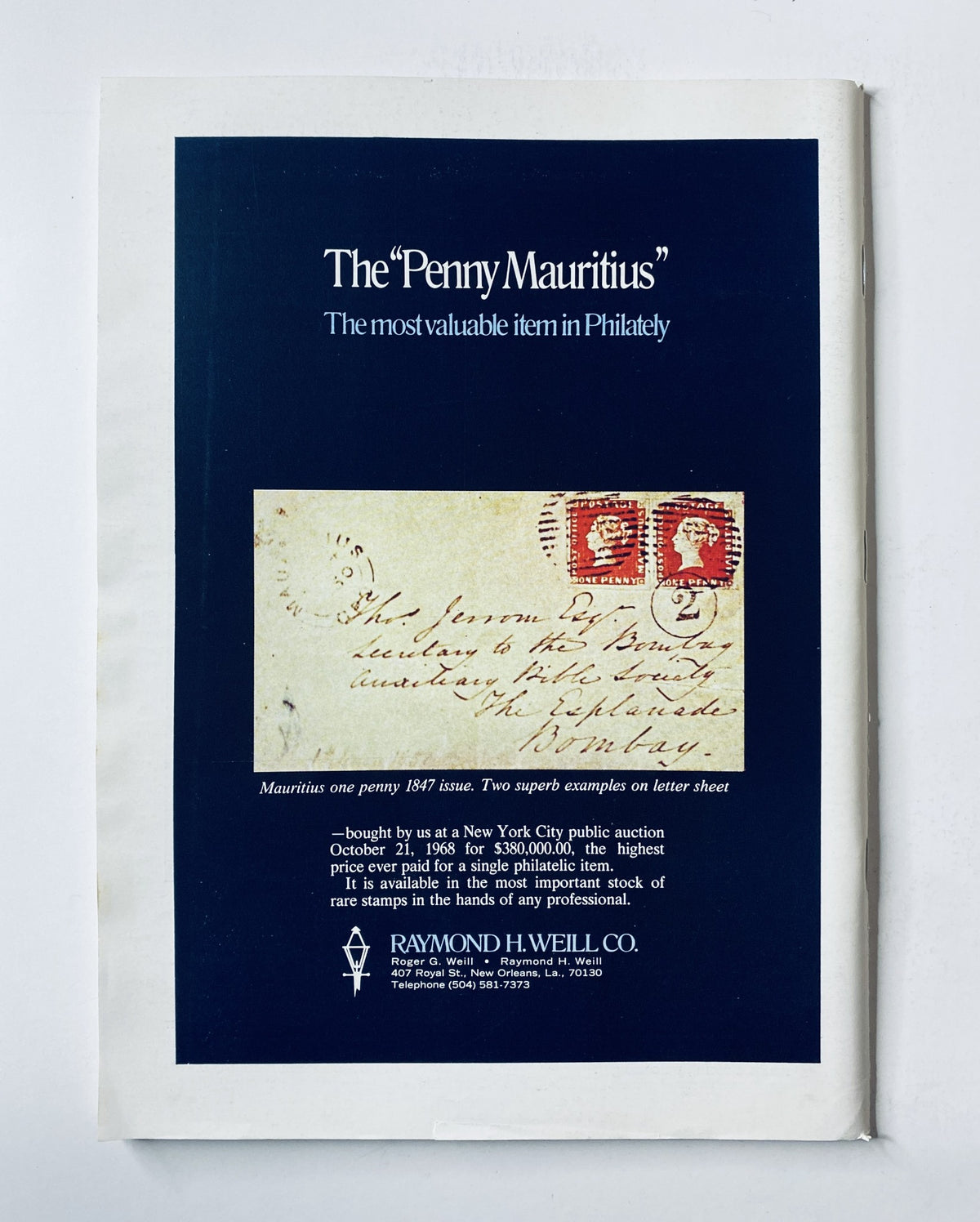 Back cover of The New Yorker Magazine May 6, 1972 featuring an advertisement for a rare philatelic item, The Penny Mauritius.