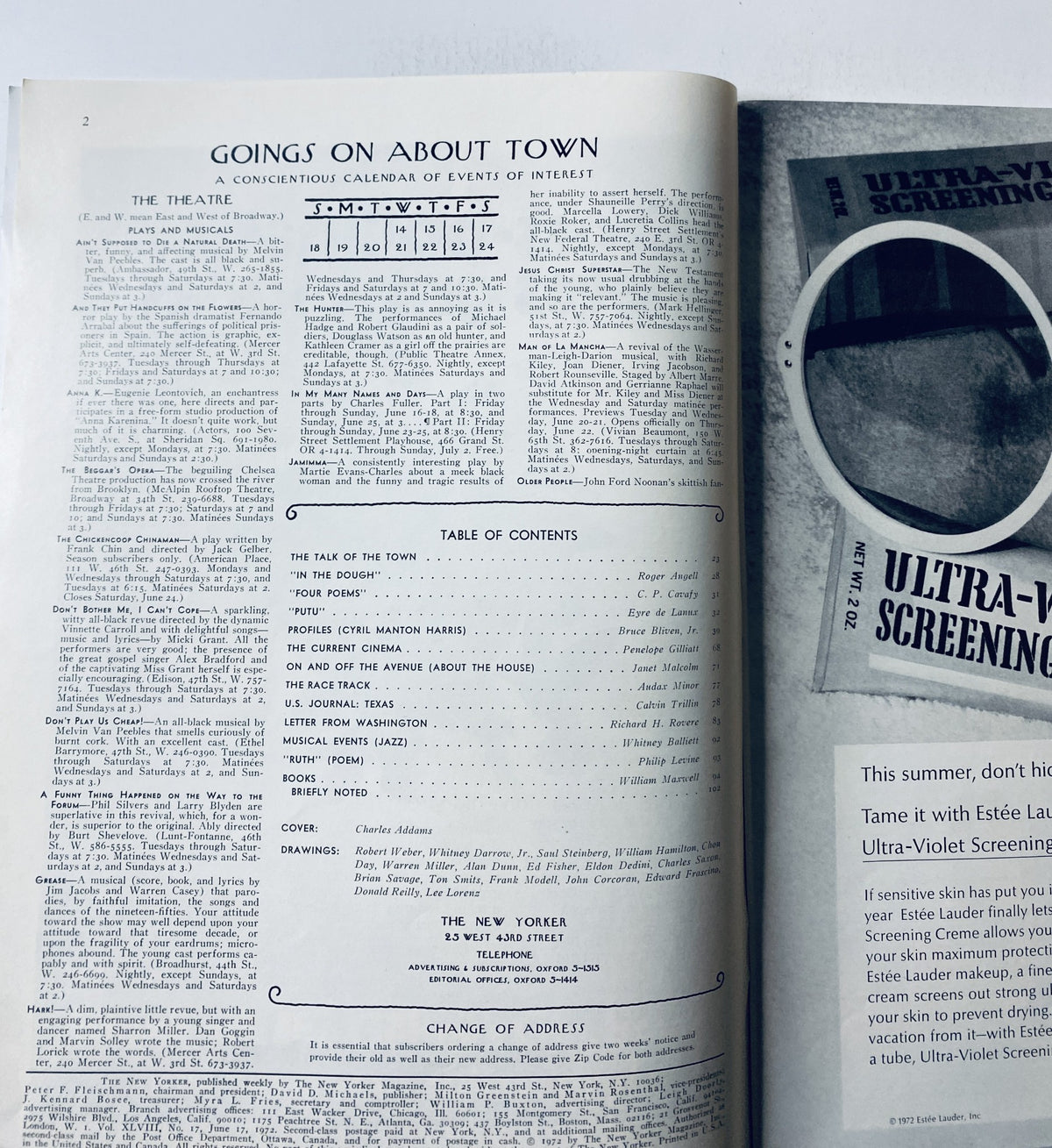 The New Yorker Magazine June 17, 1972 interior page displaying the Table of Contents and event calendar, with listings for various articles and features related to the magazine's content.