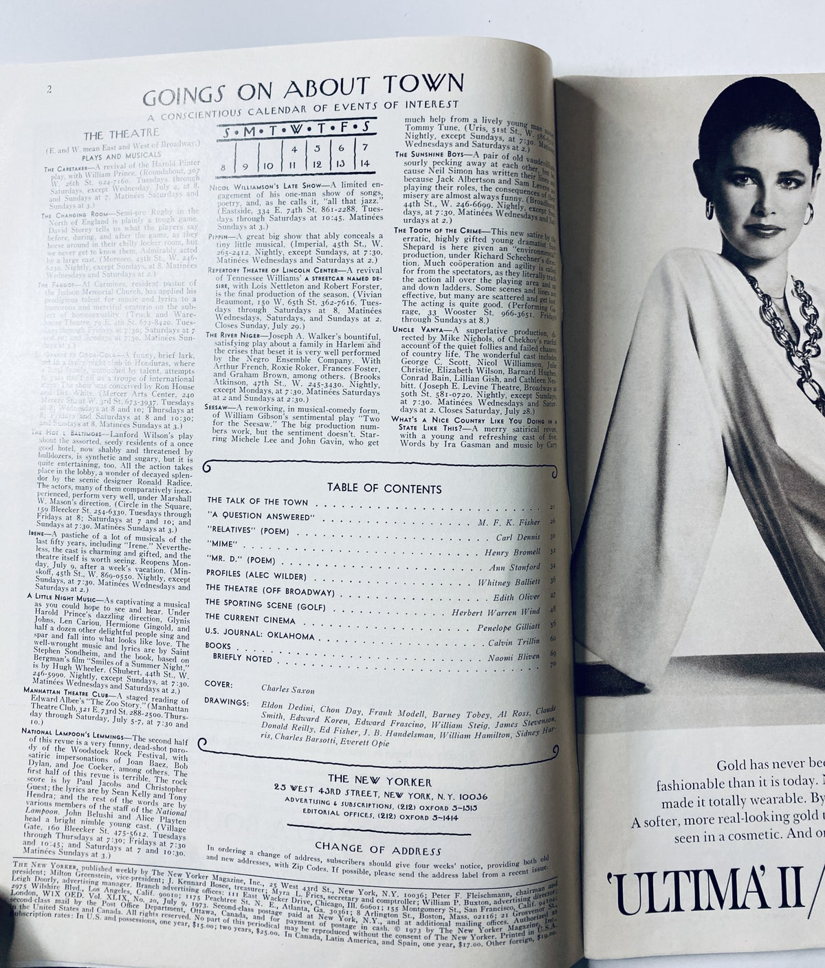 Interior page from The New Yorker Magazine July 9, 1973 displaying the table of contents alongside fashion features and a calendar of events.