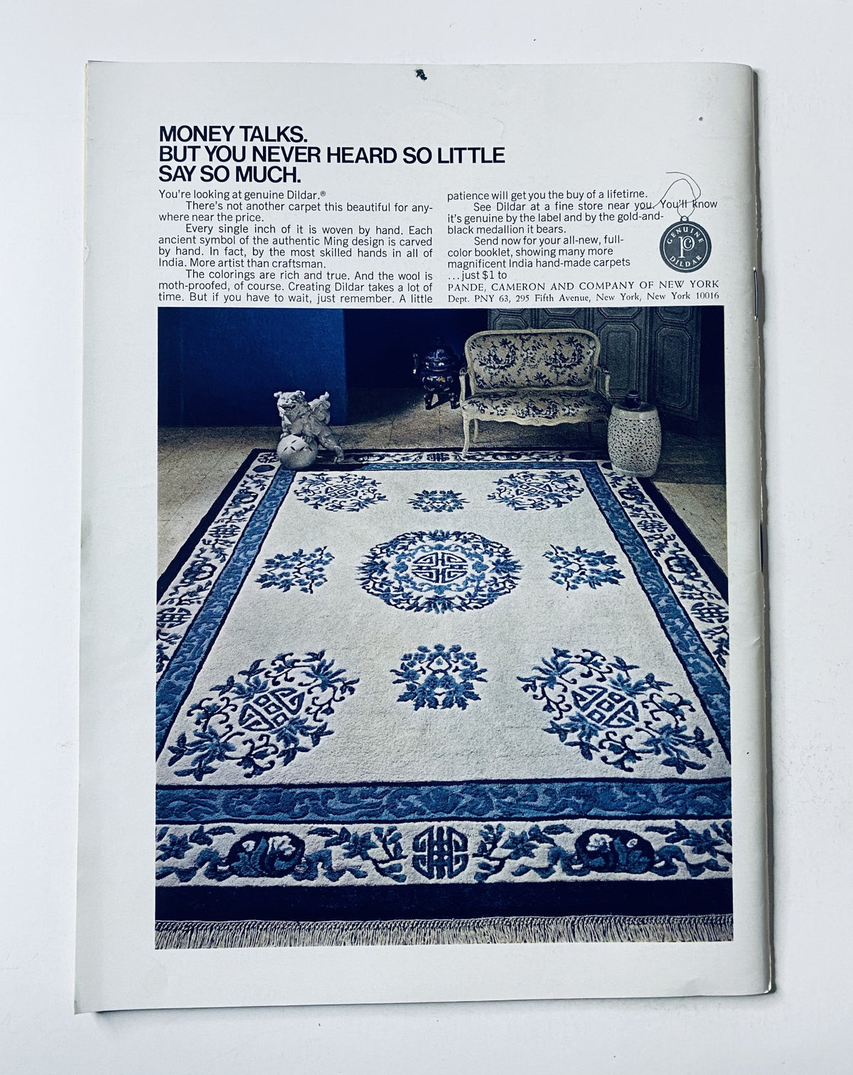 Back cover of The New Yorker magazine, July 2, 1973, featuring an advertisement for a carpet company with the tagline 'Money Talks, but you never heard so little say so much,' illustrating a beautifully designed rug.