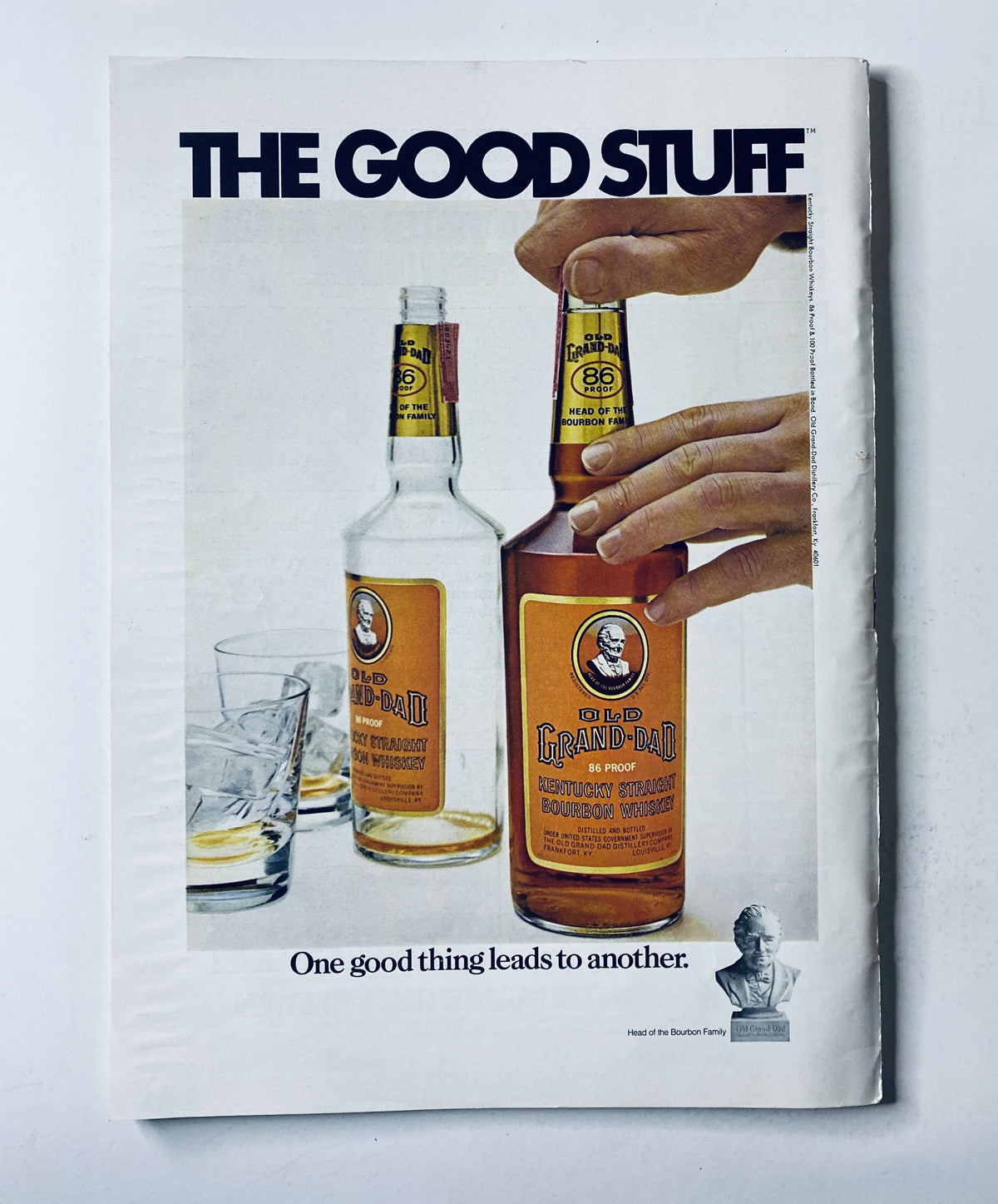 Advertisement page from The New Yorker Magazine February 17, 1973 for Grand Dad bourbon whiskey, showcasing two bottles and a glass, illustrating branding and promotion of the product with a catchy tagline.