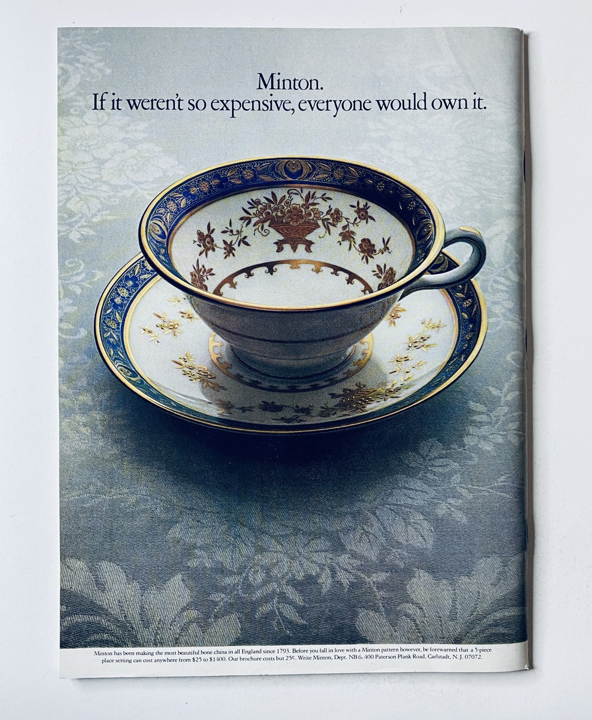 Advertisement from The New Yorker Magazine June 2, 1973 for Minton china featuring an elegant tea cup and saucer, highlighting luxury and craftsmanship.