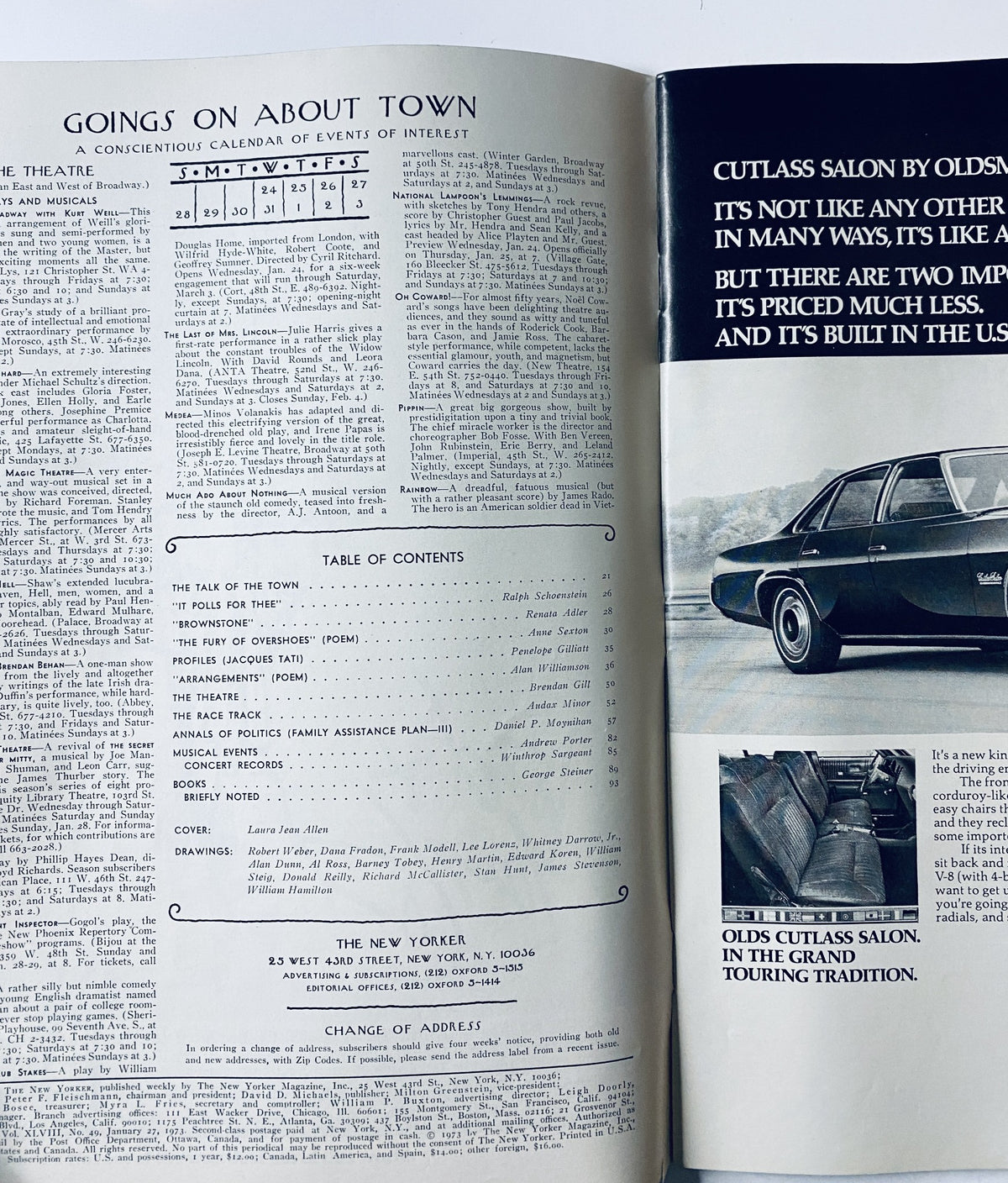 Inside spread of The New Yorker Magazine January 27, 1973, highlighting the 'Goings On About Town' section along with the Table of Contents, featuring event details and advertisement for Oldsmobile Cutlass.