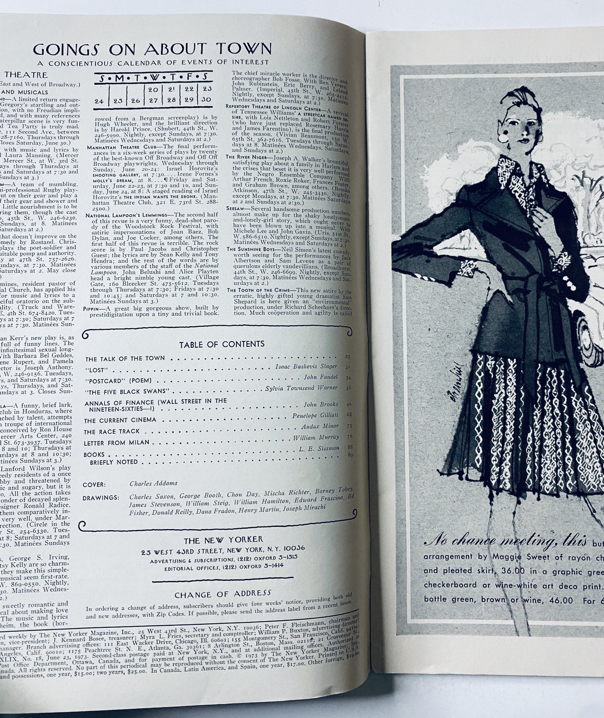 An interior page of The New Yorker Magazine from June 23, 1973, featuring a calendar of events and the Table of Contents highlighting various literary pieces including works by Isaac Bashevis Singer and Penelope Gilliatt.