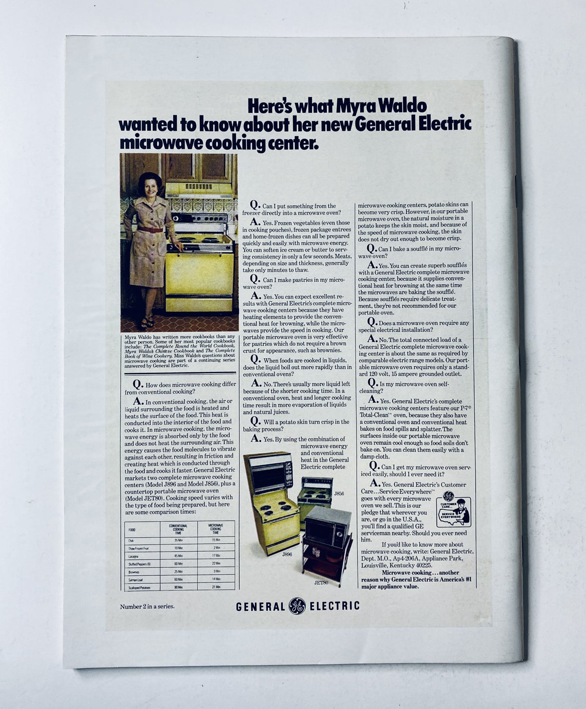 The back cover of The New Yorker Magazine June 23, 1973, displaying an advertisement for General Electric's microwave cooking center, featuring a woman and various kitchen appliances.