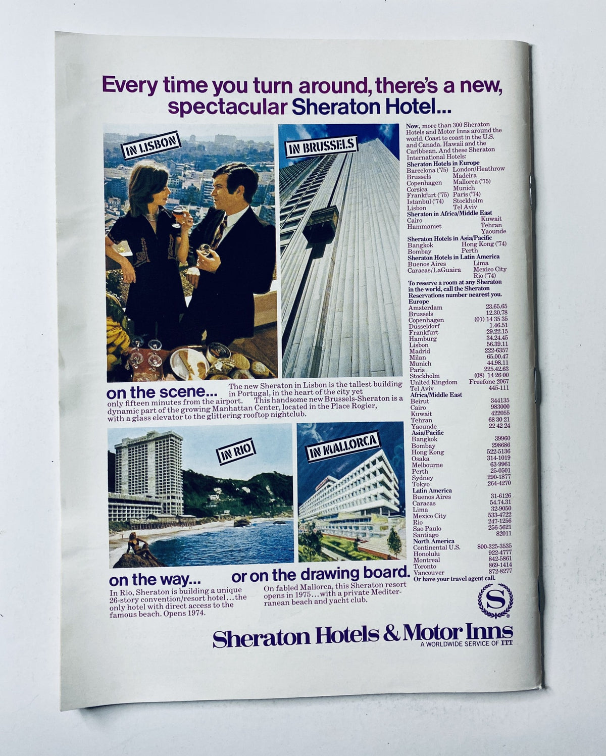 Advertisement page from The New Yorker Magazine July 16, 1973 showcasing Sheraton Hotels and Motor Inns with visuals of various locations including Lisbon and Brussels.