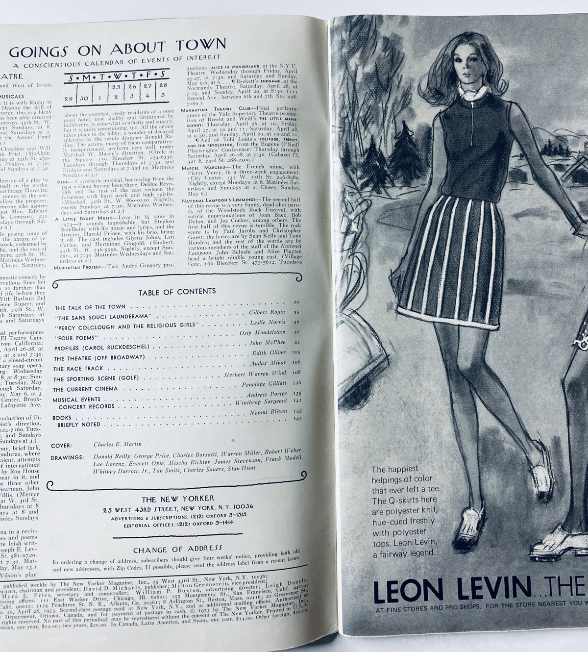 Interior page of The New Yorker Magazine April 28, 1973 showcasing the Table of Contents and calendar of events, featuring a stylish woman illustration.