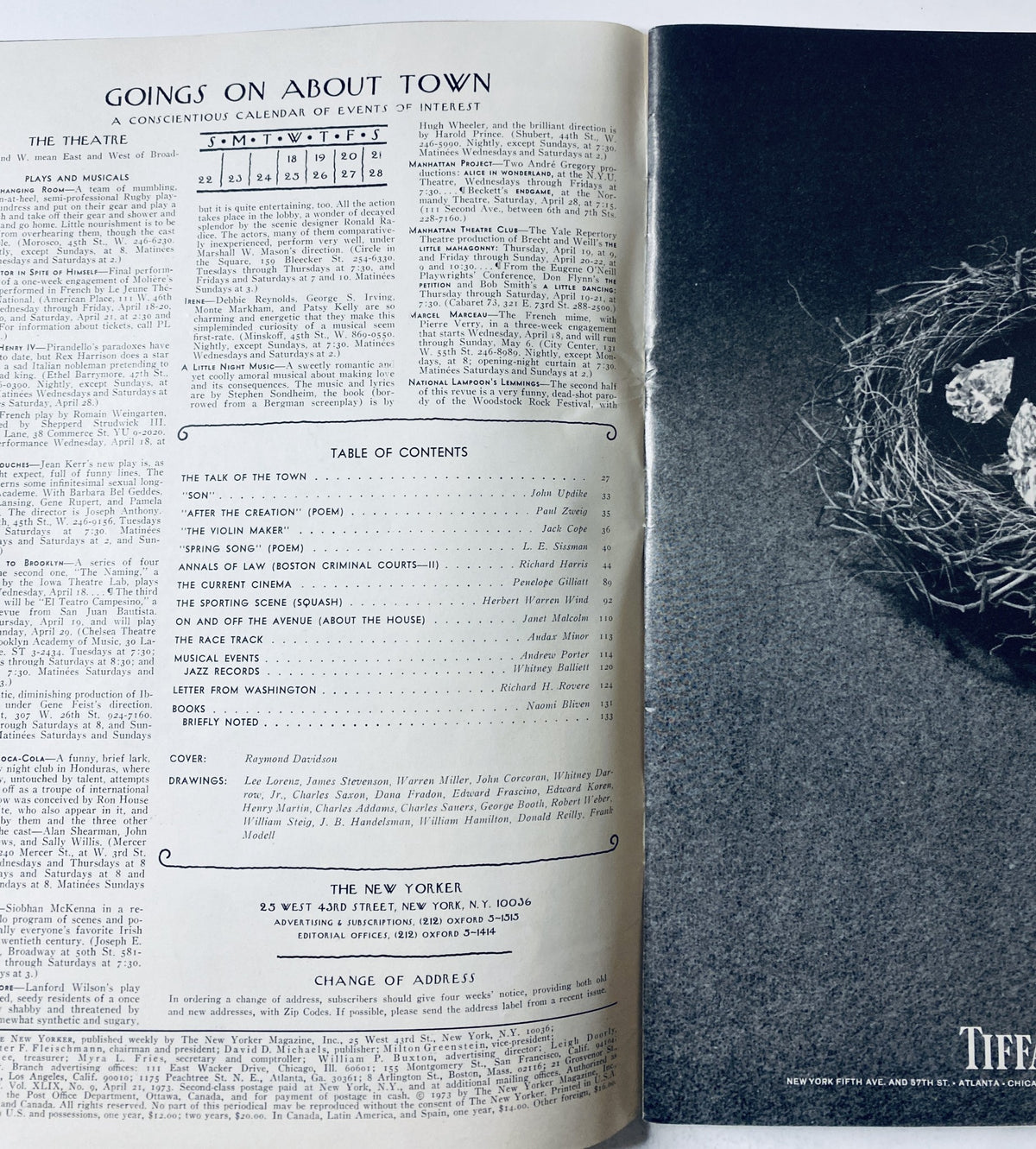 Interior page of The New Yorker Magazine April 21, 1973 displaying 'Goings on About Town' listings and the Table of Contents.