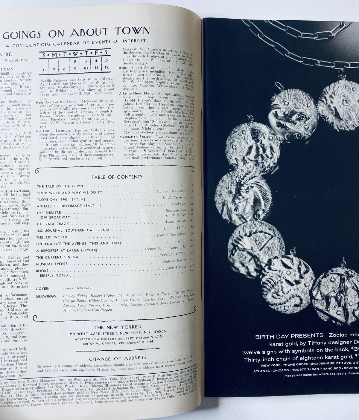 Inside page of The New Yorker Magazine from May 5, 1973, displaying the Table of Contents and advertisements, showcasing its vintage design and layout.