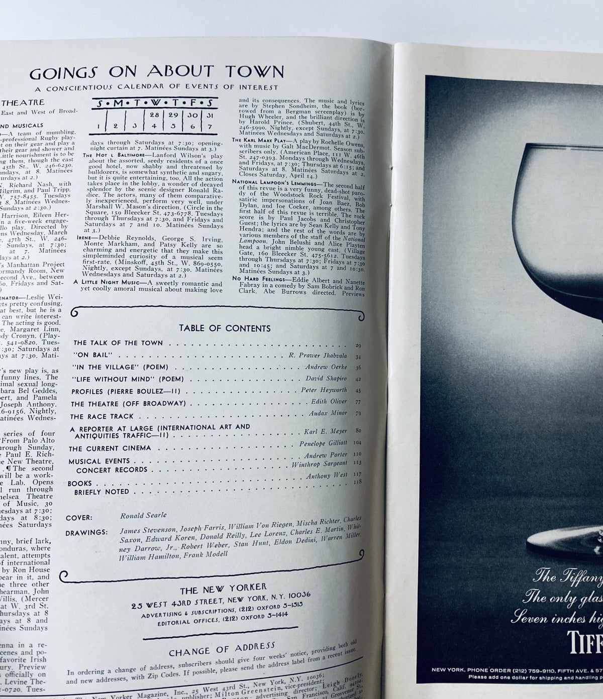 Inside page of The New Yorker Magazine March 31, 1973 displaying the Table of Contents and 'Goings on About Town' section, providing details about events.