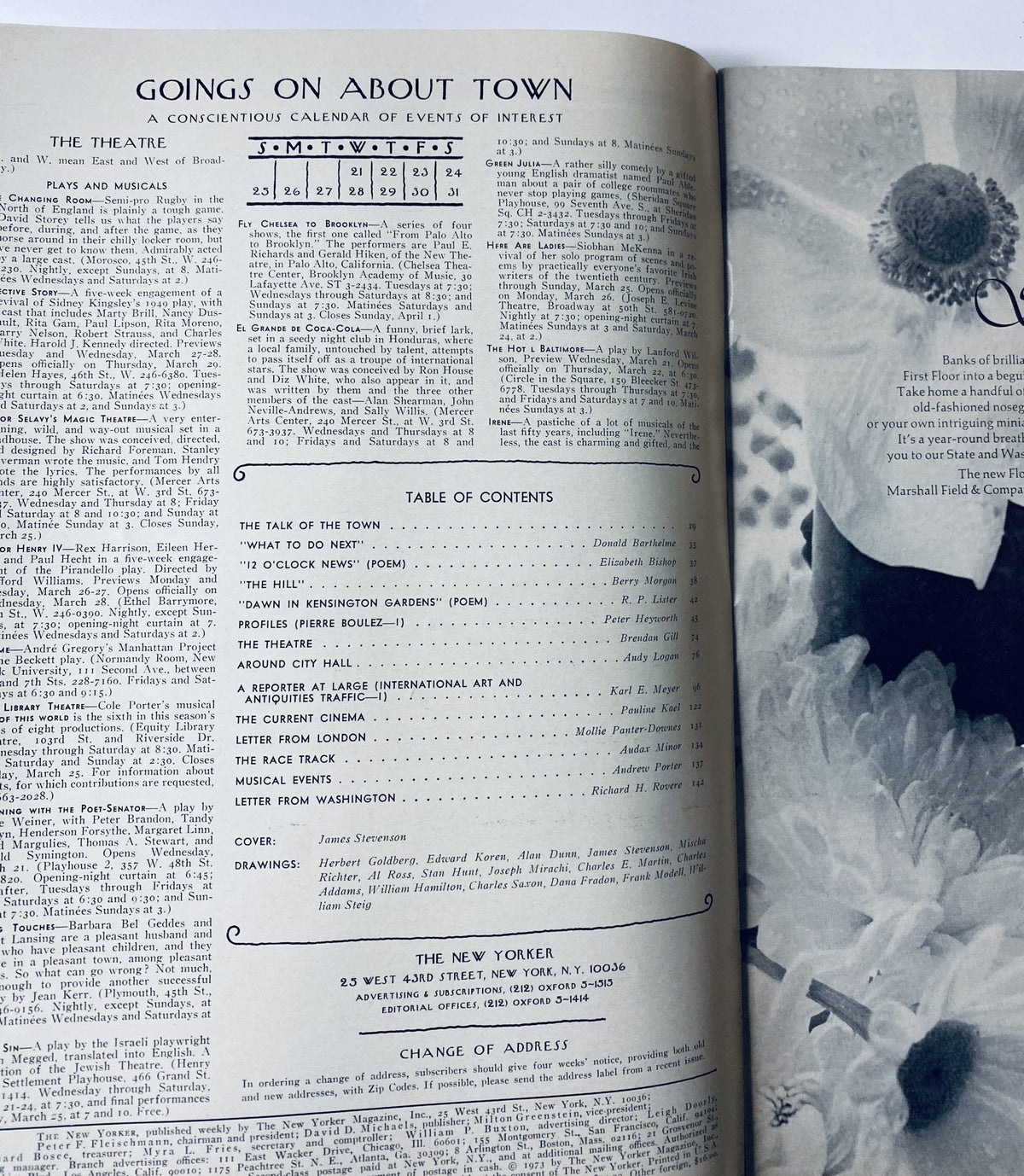 Inside page of The New Yorker Magazine March 24, 1973, displaying the Table of Contents and events listed, showcasing content organization.