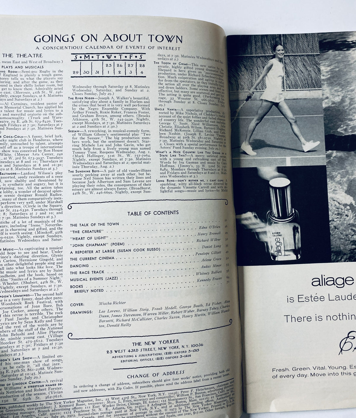 Inside page of The New Yorker Magazine July 30, 1973 featuring the 'Goings On About Town' section along with the Table of Contents.