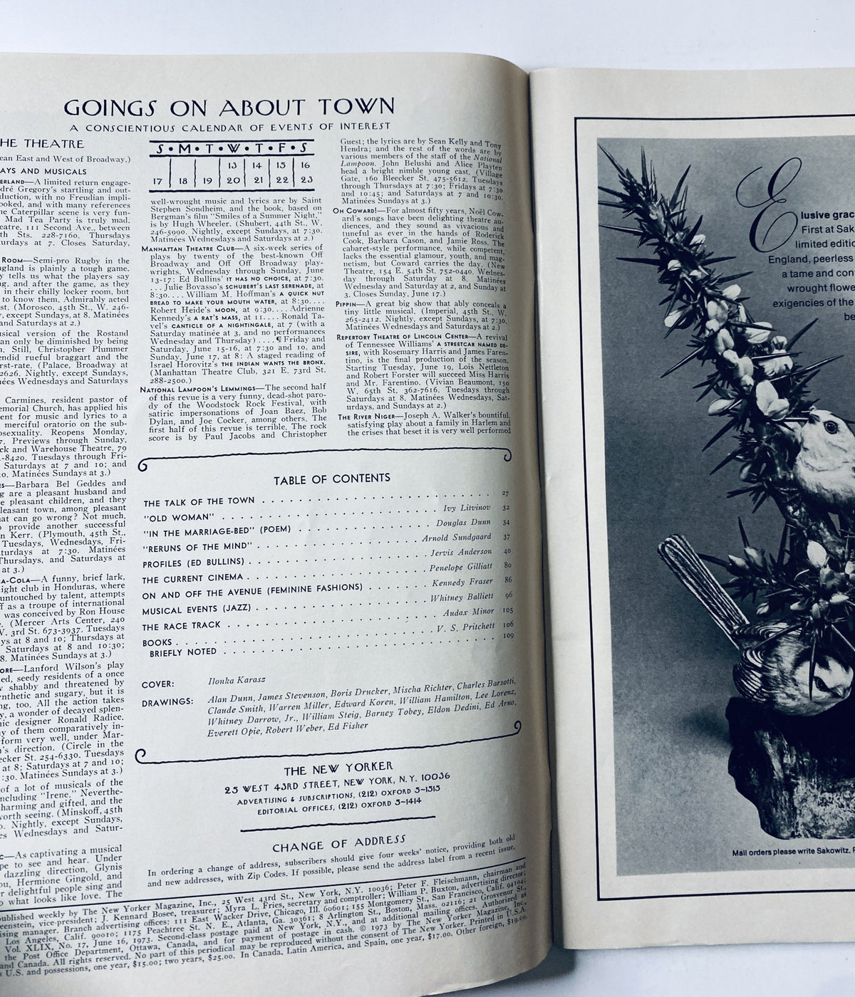 Inside page of The New Yorker Magazine June 16, 1973, displaying the 'Goings On About Town' section along with the Table of Contents.