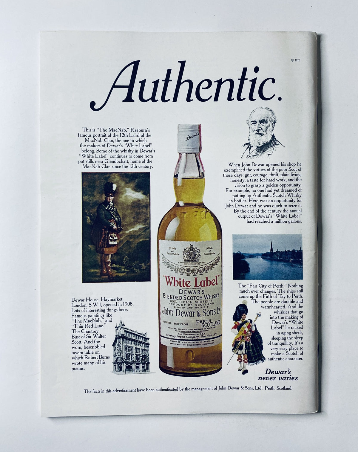 The New Yorker Magazine May 26, 1973 advertisement for Dewar's White Label Scotch Whisky, displaying historical imagery and branding elements.
