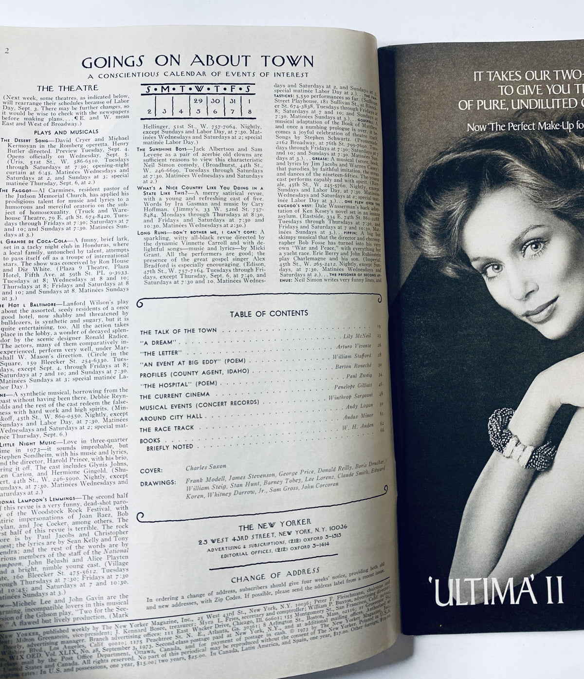 Inside page of The New Yorker Magazine, September 3, 1973, displaying a calendar of events and the Table of Contents, highlighting articles like 'The Talk of the Town' and 'The Letter'.