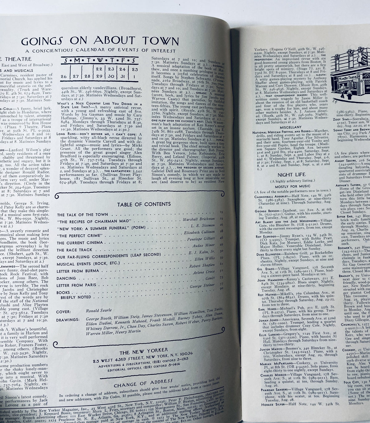 Inside page of The New Yorker Magazine from August 27, 1973, displaying the Table of Contents and Goings On About Town section.