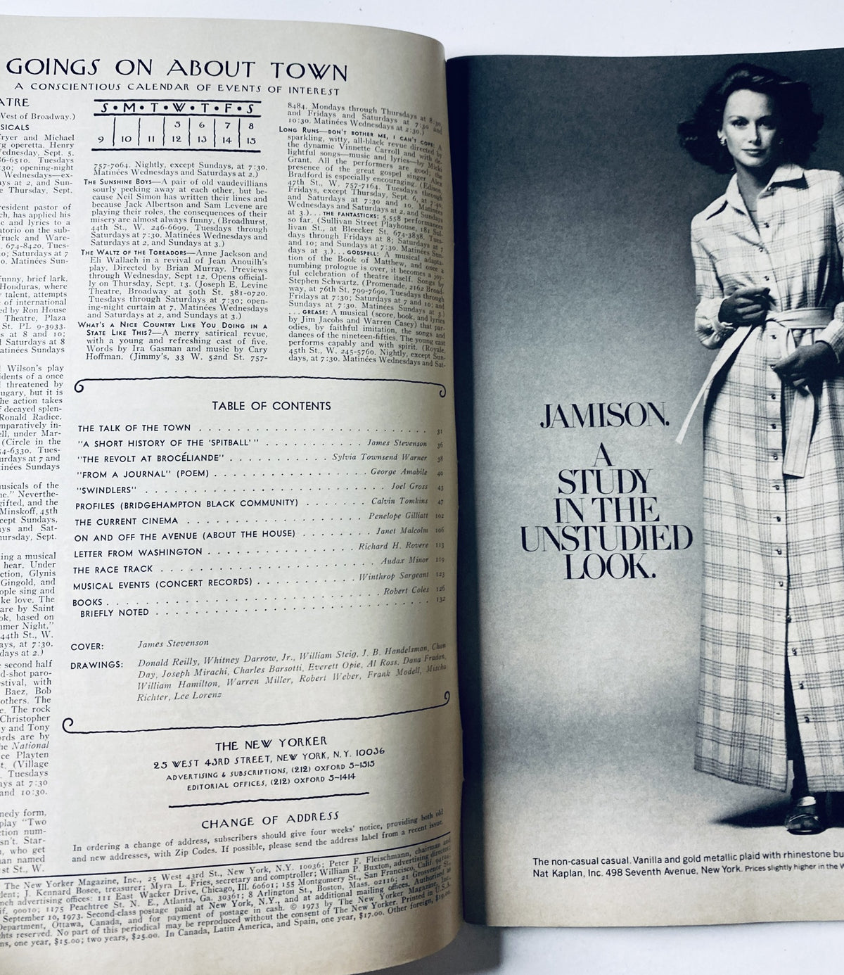 Interior page of The New Yorker Magazine September 10, 1973, displaying the table of contents alongside an advertisement for Jamison featuring a model in a stylish outfit.