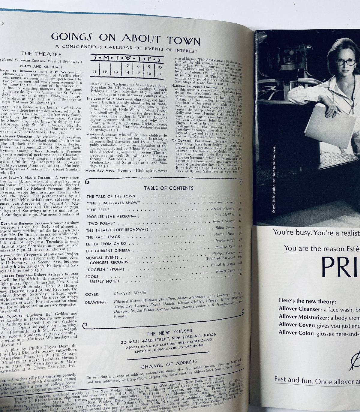 Inside page of The New Yorker Magazine February 10, 1973 showcasing articles and table of contents, featuring 'GOINGS ON ABOUT TOWN' and cover art by Charles E. Martin. The magazine is in very good condition with photographic details.