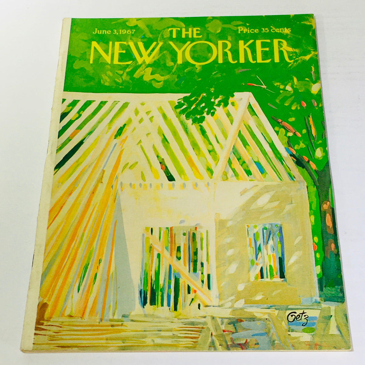 The New Yorker: June 3 1967 magazine cover featuring a vibrant illustration by Arthur Getz, showcasing a house with colorful stripes and a lush green background.
