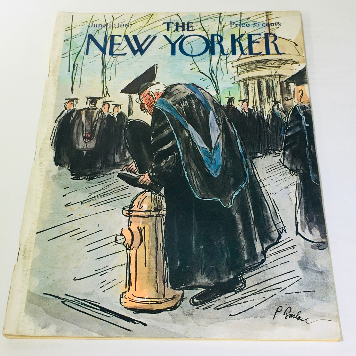 The New Yorker: June 10 1967 Full Magazine cover featuring an illustration by Perry Barlow, depicting a graduation theme with individuals in academic gowns, set against a city backdrop.