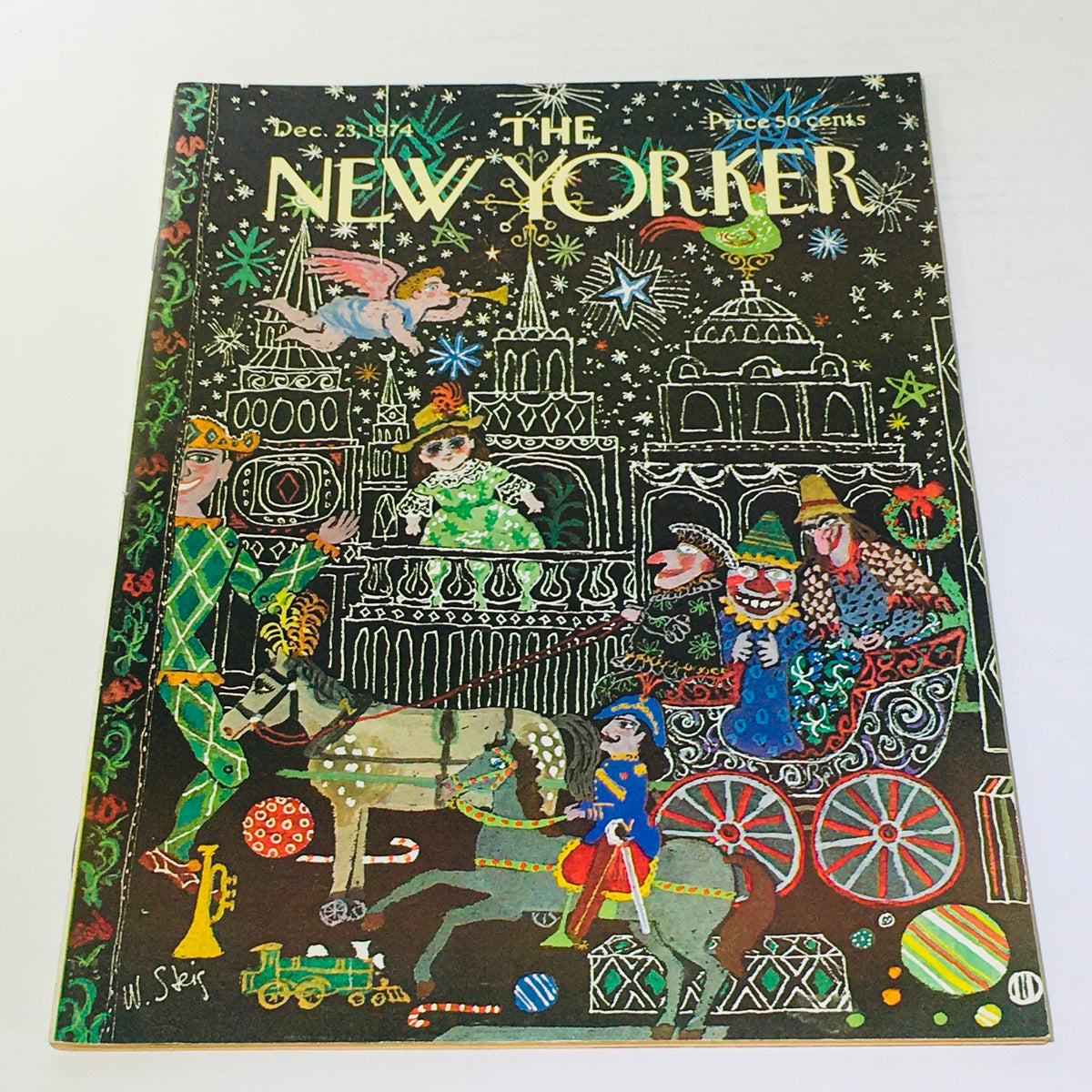 Cover of The New Yorker magazine from December 23, 1974, illustrated by William Steig, featuring a whimsical holiday-themed artwork with colorful characters and festive elements.