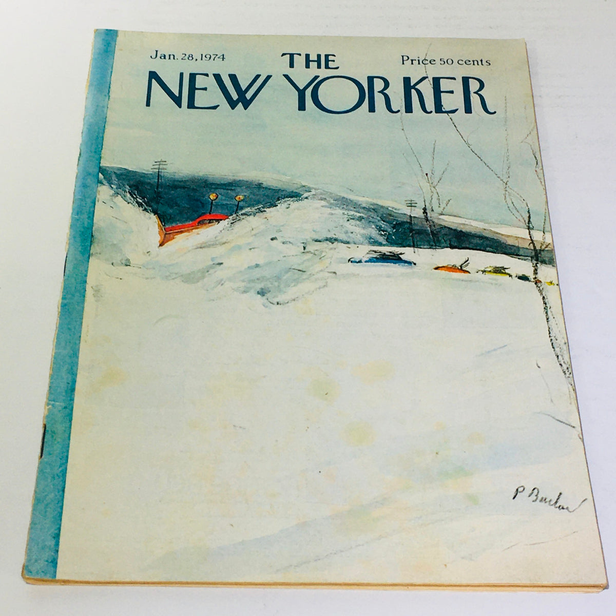 The New Yorker: January 28 1974 Full Magazine Cover featuring an artistic winter scene, showcasing vintage cars and a snowy landscape, designed by Perry Barlow.
