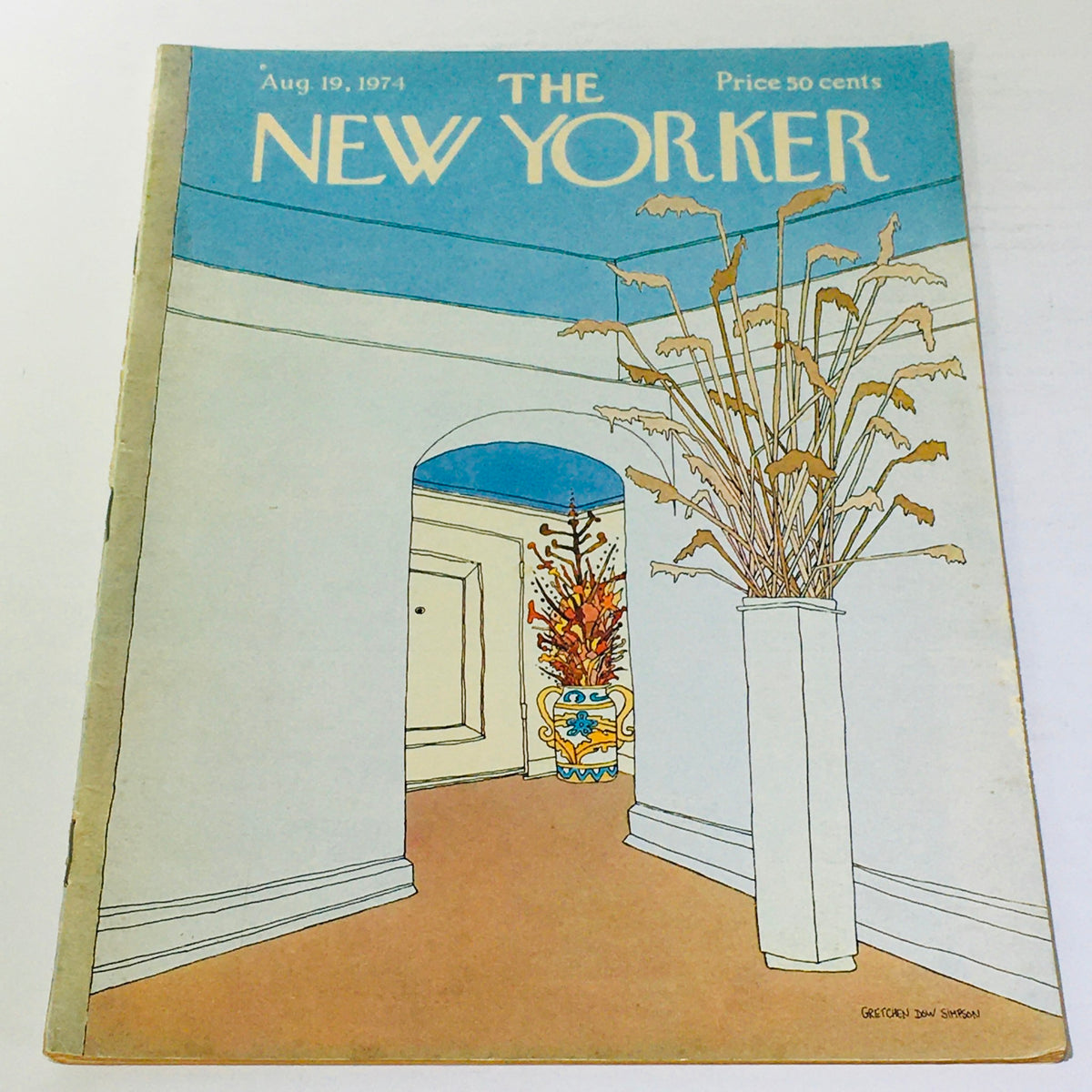 Cover of The New Yorker magazine from August 19, 1974 featuring a theme illustration by Gretchen Dow Simpson, showcasing a hallway with decorative plants and a blue ceiling.