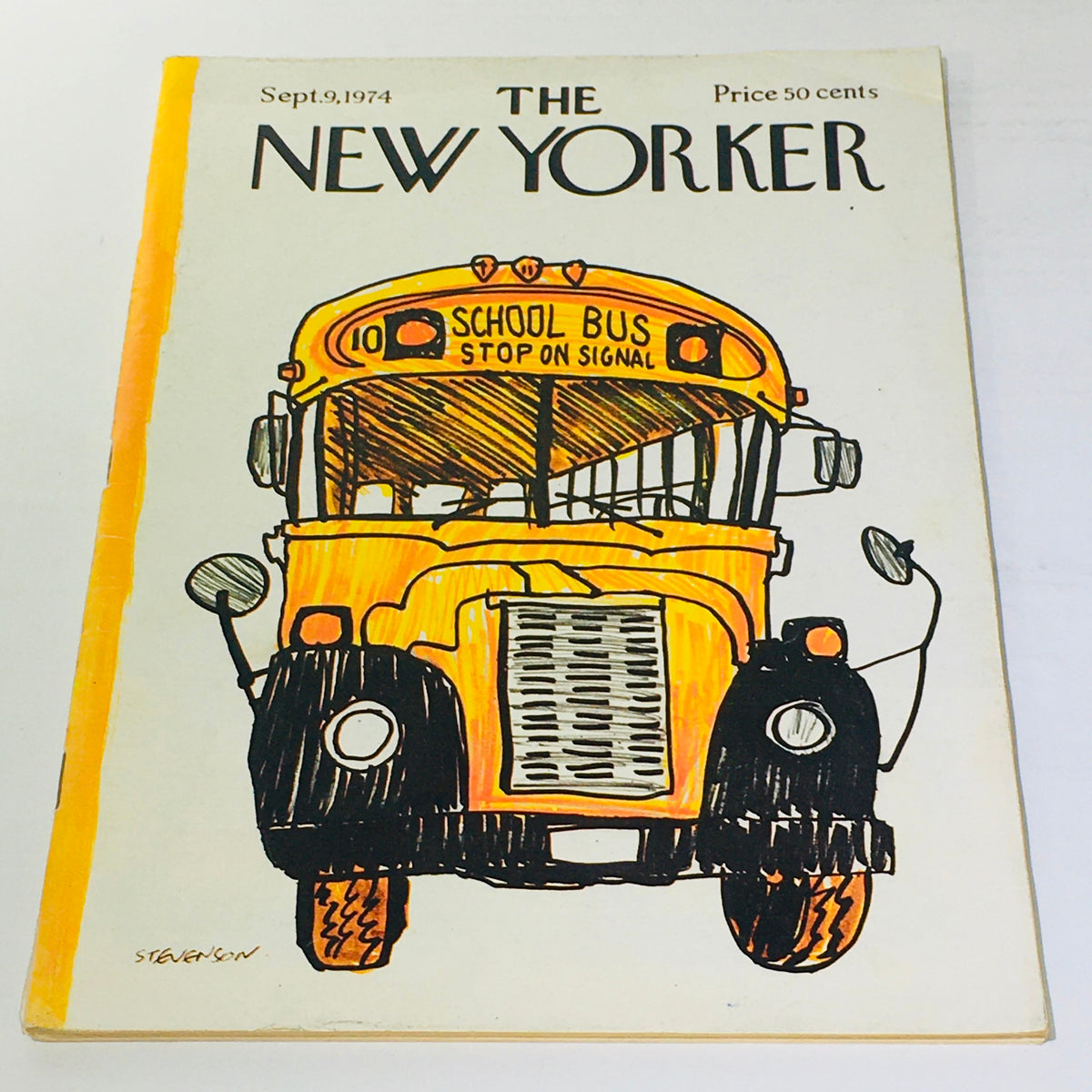 Cover of The New Yorker: September 9, 1974, featuring a vibrant illustration of a school bus by James Stevenson, highlighting the vintage style and artistic flair of the 1970s.