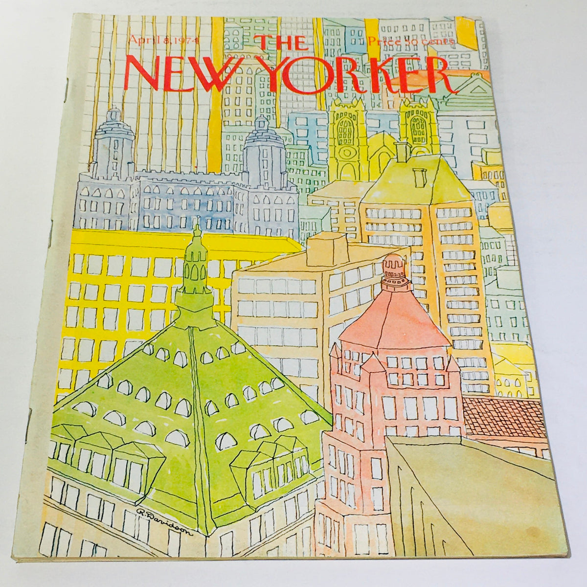 Cover of The New Yorker: April 8 1974 showcasing an artistic cityscape illustration by Raymond Davidson, featuring colorful buildings and a green rooftop.