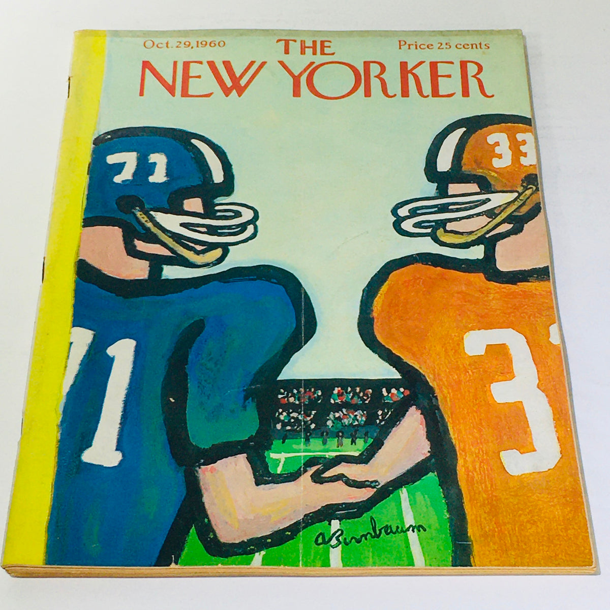 Cover of The New Yorker: October 29, 1960, featuring an illustration by Abe Birnbaum of two football players shaking hands, showcasing vintage magazine art.