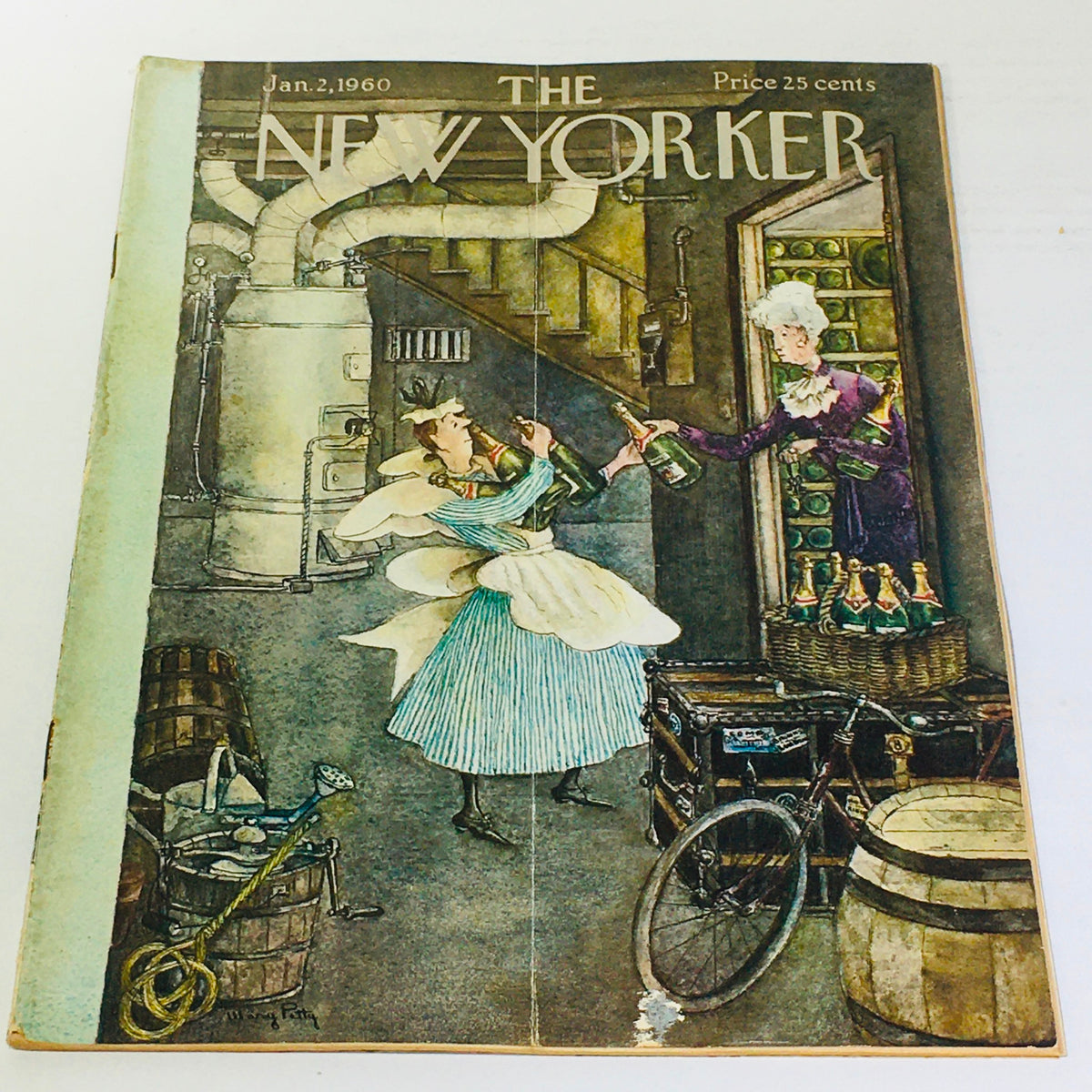 The New Yorker: January 2 1960 Full Magazine featuring a whimsical cover illustration by Mary Petty, depicting a lively scene in a vintage cellar where a woman in a blue dress receives champagne bottles from another woman in a formal dress, surrounded by barrels and an antique bicycle.