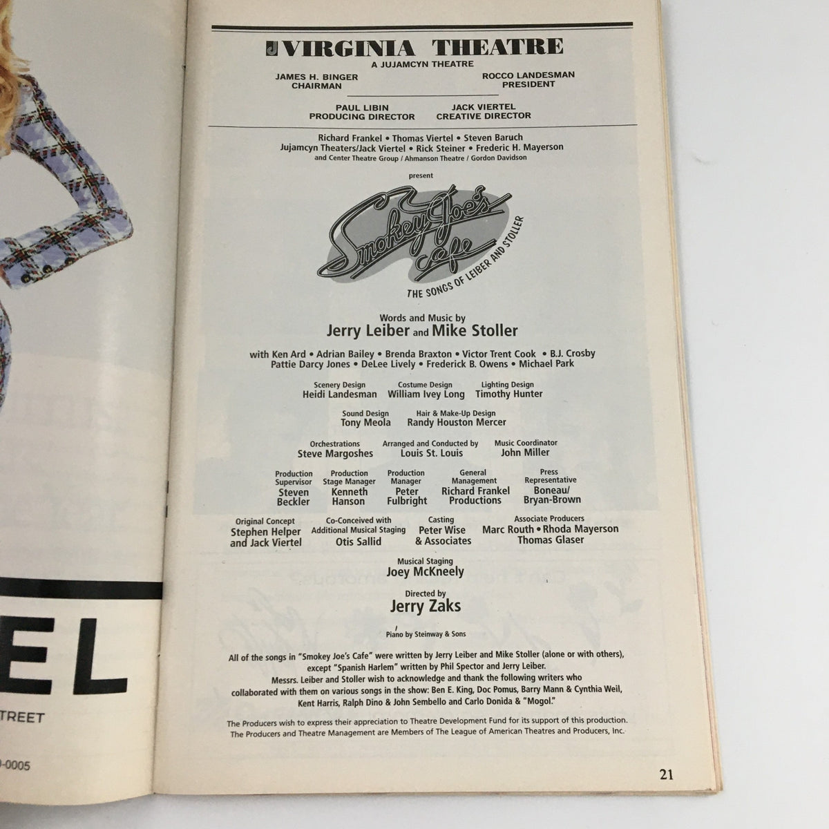 1995 Playbill Virginia Theatre 'Smokey Joe's Cafe' page detailing cast and crew members associated with the production.