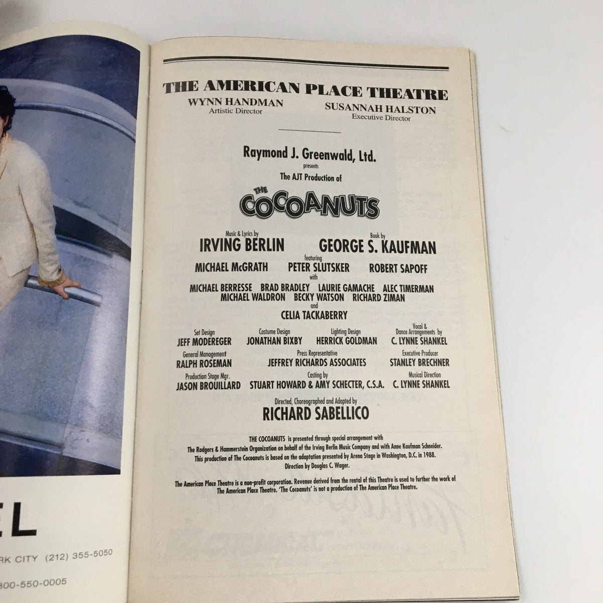Another inside page of the 1996 Playbill highlighting the cast and production details for 'The Cocoanuts' at The American Place Theatre.