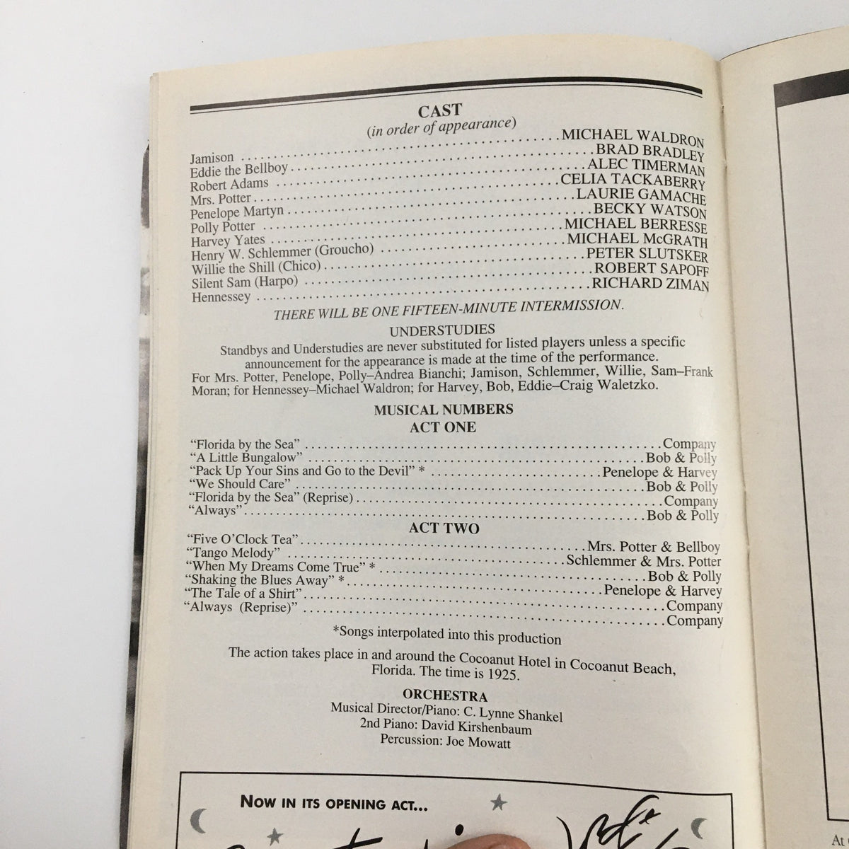 1996 Playbill The Cocoanuts showcasing the cast list and musical numbers for the production at The American Place Theatre, featuring details about the performers and the creative team.