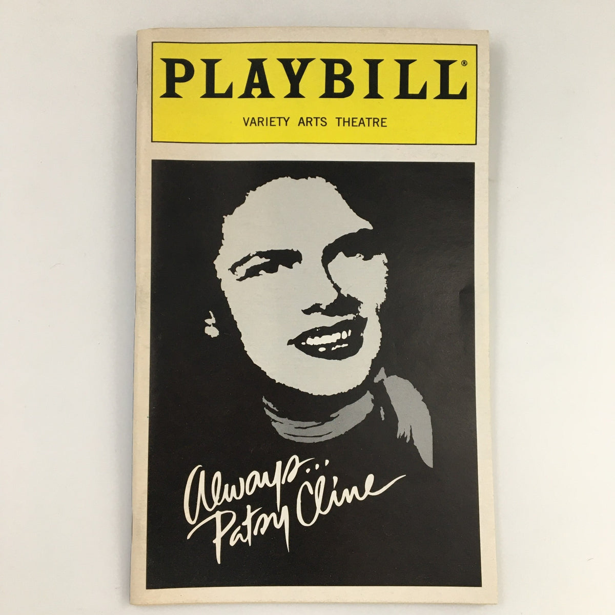 1997 Playbill from Variety Arts Theatre showcasing 'Always Patsy Cline' featuring Tori Lynn Palazola, with a striking black and white cover.