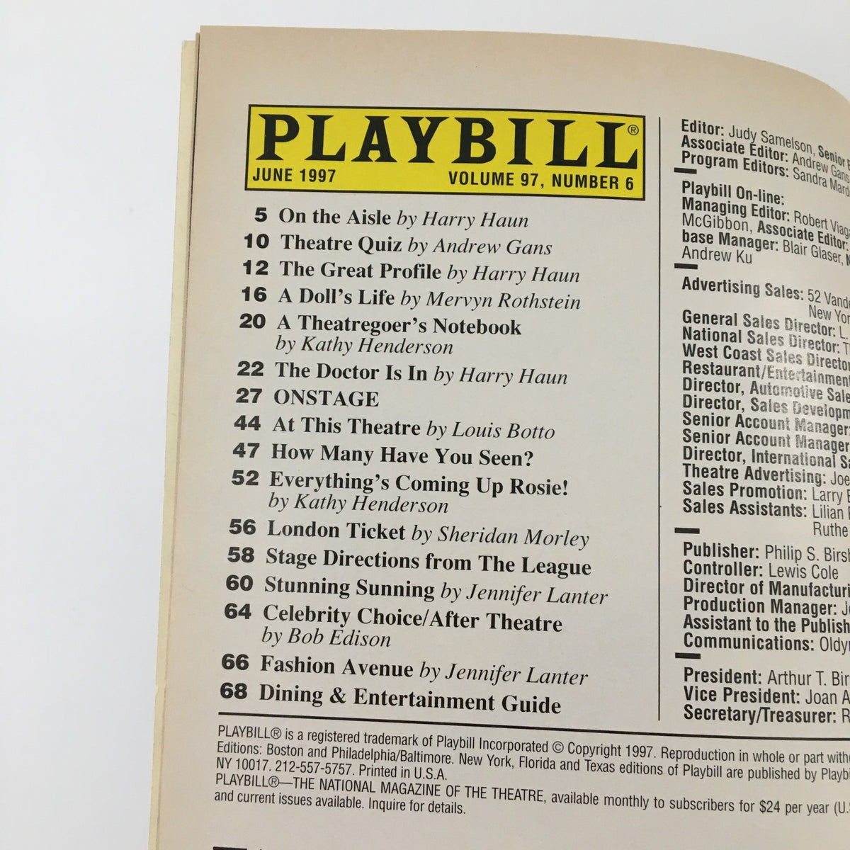 Inside of the 1997 Playbill for 'Always Patsy Cline,' including the June 1997 contents and details about the production.