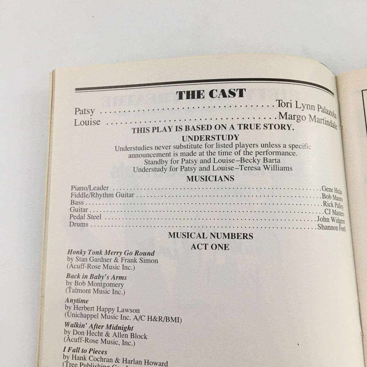1997 Playbill for 'Always Patsy Cline', featuring the cast list and musical numbers from the production at the Variety Arts Theatre.