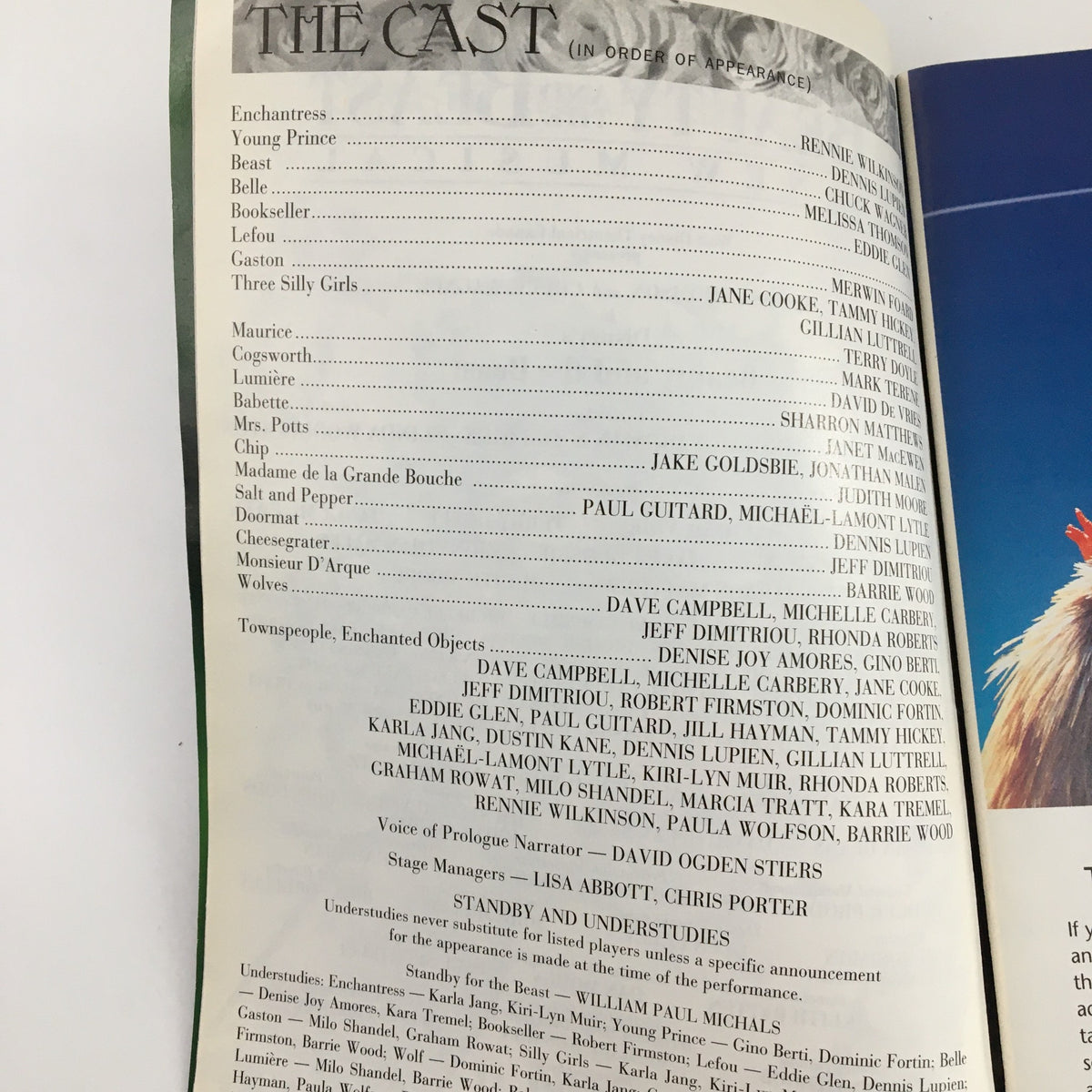 Another inside page from the 1997 The Princess of Wales Theatre 'Beauty and the Beast' program, listing the cast in order of appearance.