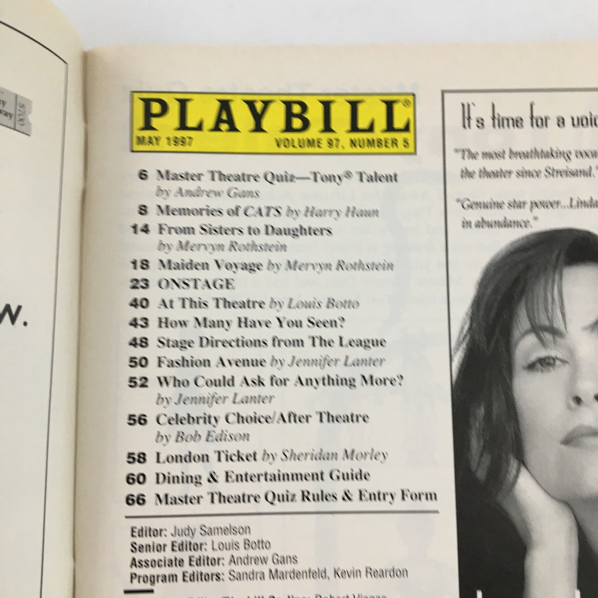 Interior page of the 1997 Playbill for 'Candide' featuring article listings and credits.